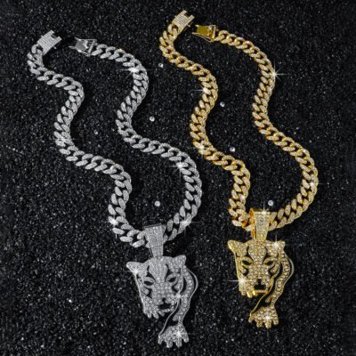 Iced Out Leopard Head Pendant Necklace – Hip Hop Alloy Chain